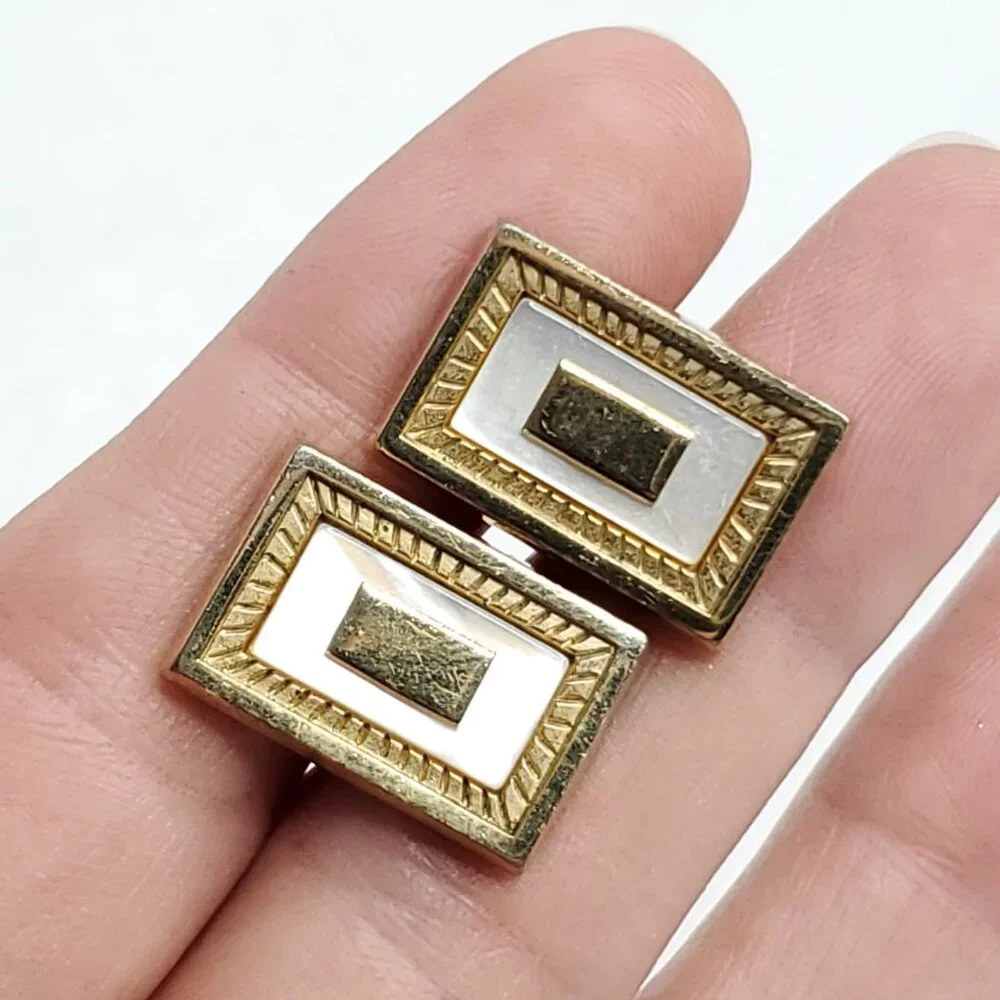 Vintage Anson Cufflinks Gold Tone White Mother Of Pearl Rectangle